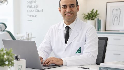 Dr. Taylan Akça beyaz önlüğüyle çalışma masasında, dizüstü bilgisayarının başında
