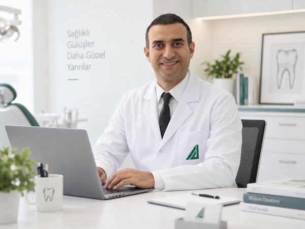 Dr. Taylan Akça beyaz önlüğüyle çalışma masasında, dizüstü bilgisayarının başında