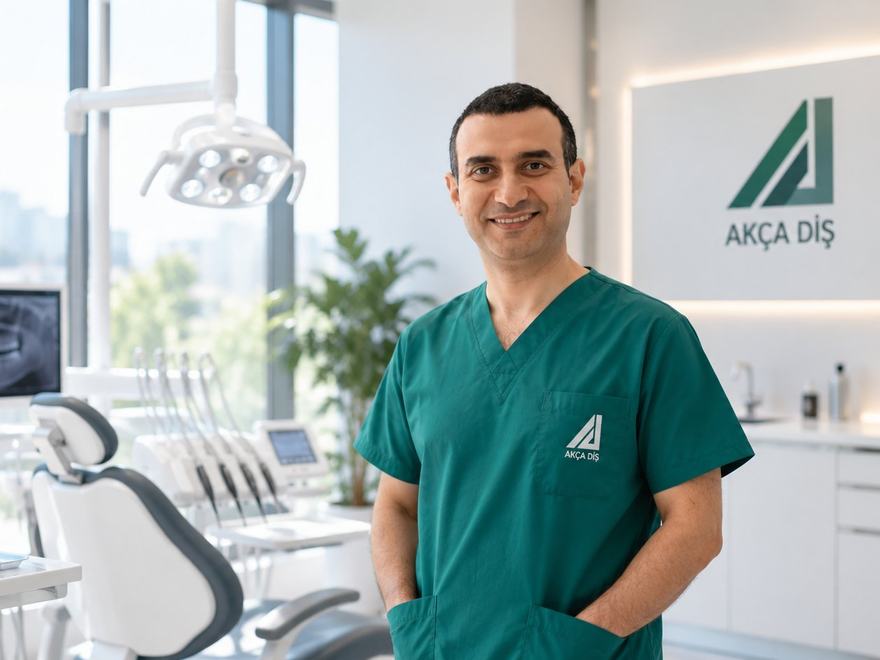 Dr. Taylan Akça, Akça Diş kliniğinde yeşil önlüğüyle diş ünitinin yanında