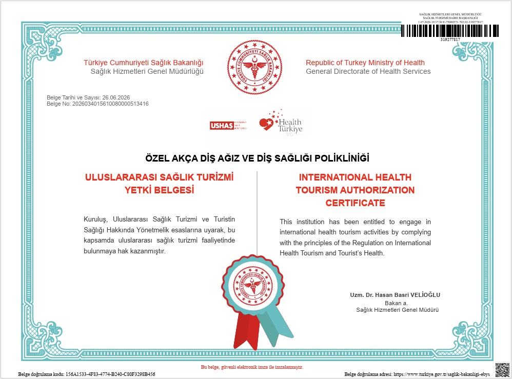Akça Diş Uluslararası Sağlık Turizmi Yetki Belgesi